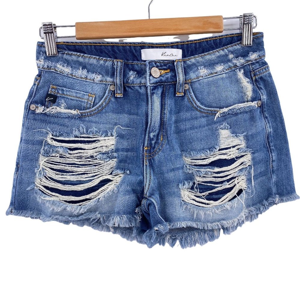 Kancan mid rise distressed boy friend shorts size 1 24 Stretch denim cut off
